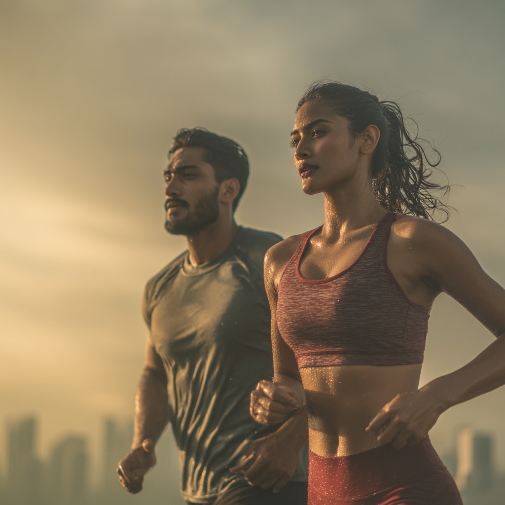 Homem energético em corrida matinal ao amanhecer numa cidade portuguesa